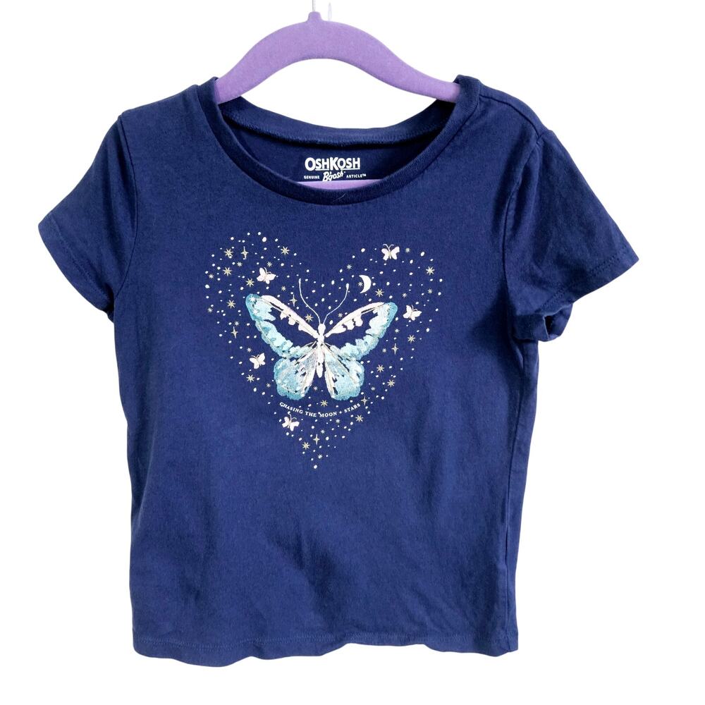 OshKosh Girls 5 Short Sleeve Butterfly Graphic Tee Blue Stars Moon Fairycore